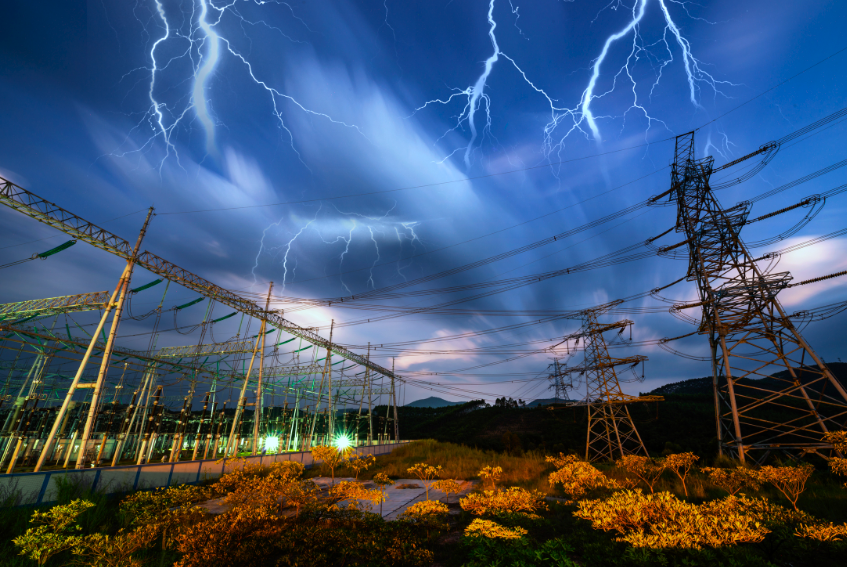 Lightning Strike at a substation at night.