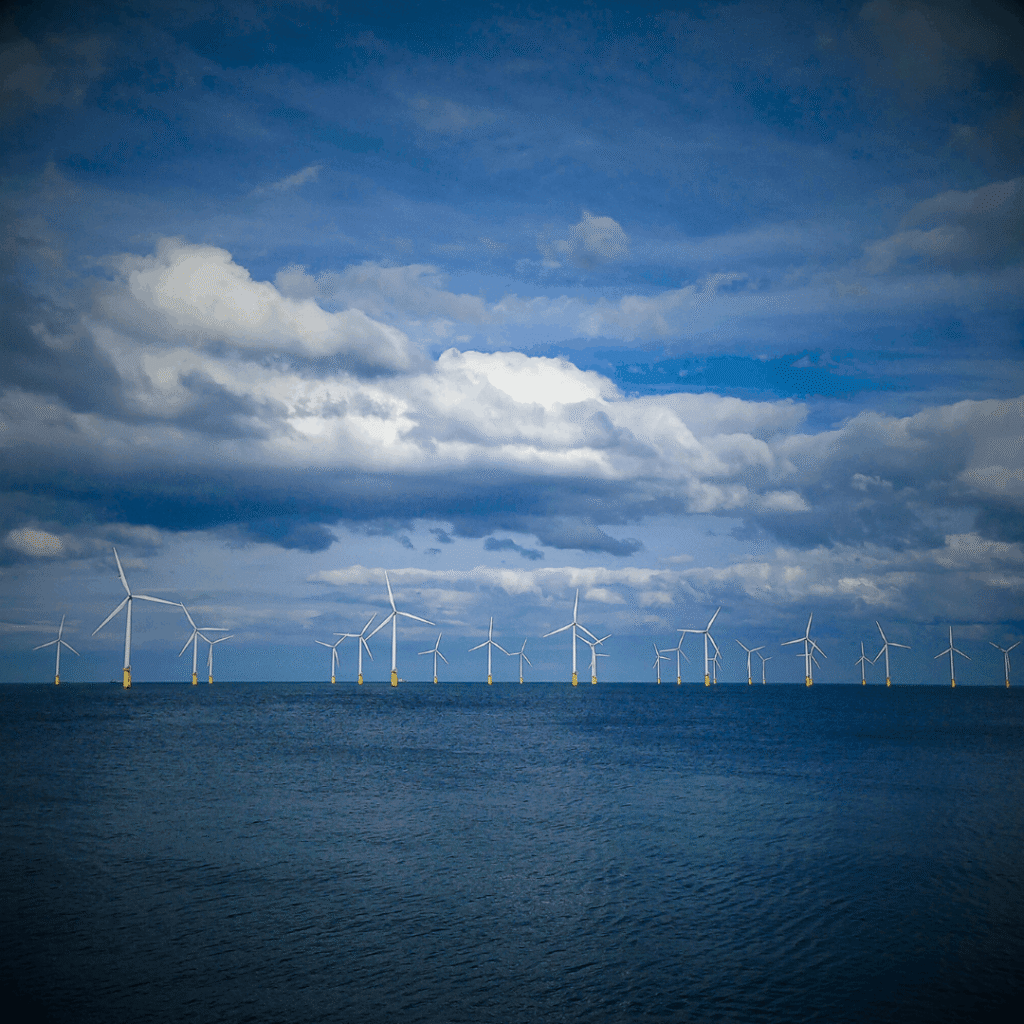 Offshore wind farm with multiple turbines across the sea horizon - illustrating large-scale renewable energy generation.