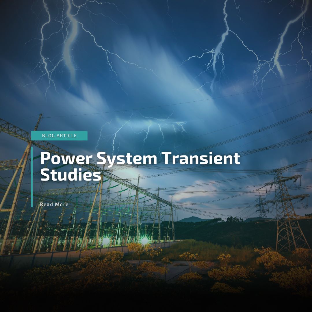 Lightning strike on an electrical substation with overlayed text: Power System Transient Studies.