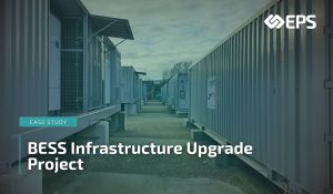 BESS Infrastructure Upgrade Cover Image - A bess facility with transparent teal tint and page title overlayed and EPS logo