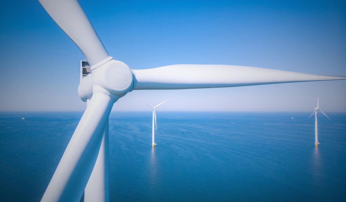Offshore Wind Farm - A close up view of a wind turbine.
