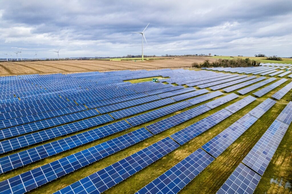 Co-located solar and wind generation on a UK renewable energy site.
